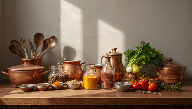 Rustic copper kitchenware with fresh vegetables, spices, and ingredients on a wooden table bathed in natural sunlight, cooking tools, still life, cooking supplies, home kitchen, raw ingredients