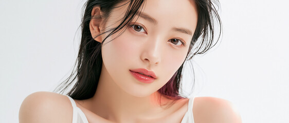 Fototapeta na wymiar 美容, 女性, スキンケア, 化粧品, ビューティー, 若い女性, 美肌, 日本人, アジア人, フェイシャル, メイク, 美容液, 保湿, クリーム, エイジングケア, 美容医療, エステ, 美容クリニック, 肌ケア, ナチュラルメイク, 透明感, ツヤ肌, モデル, 笑顔, ポートレート, クローズアップ, リラックス, 癒し, 健康的, 美白, コラーゲン, ヒアルロン酸, アンチエイジング