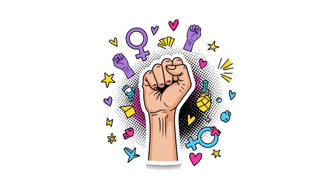 Trendy pop art halftone collage element featuring a female hand with a closed fist showing a flexed biceps gesture isolated on a transparent background for creative graphic design and poster art.