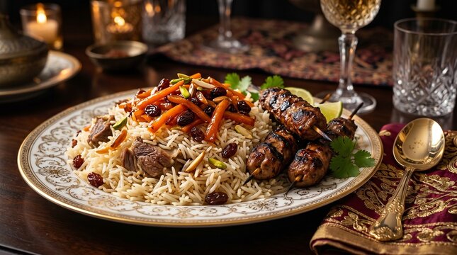 Kabuli pulao luxury food presentation with lamb and raisins