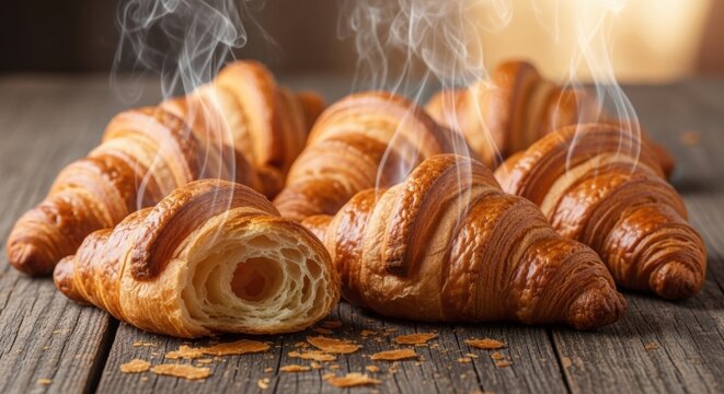 Freshly baked warm croissants with rising steam on a rustic wooden table