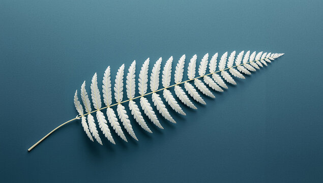 Single metallic silver fern frond with detailed texture on a dark blue background with botanical illustration with still life