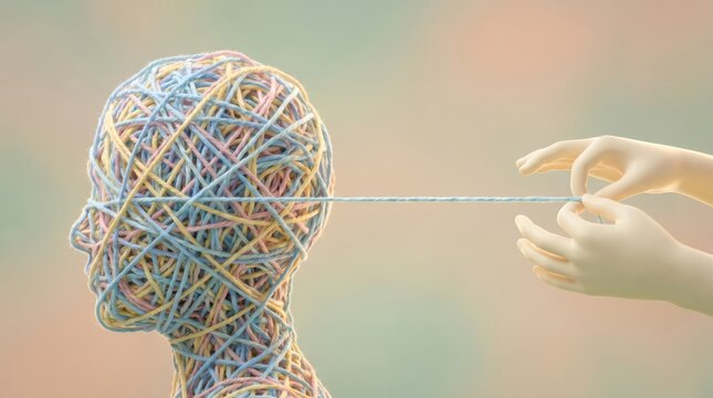 A minimalist conceptual art piece showing hands pulling a single thread from a head made of tangled yarn, representing therapy and mental clarity.