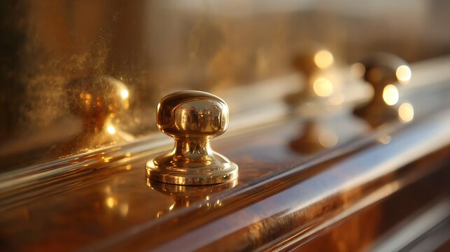 Close up of elegant brass drawer knobs on polished wooden furniture.