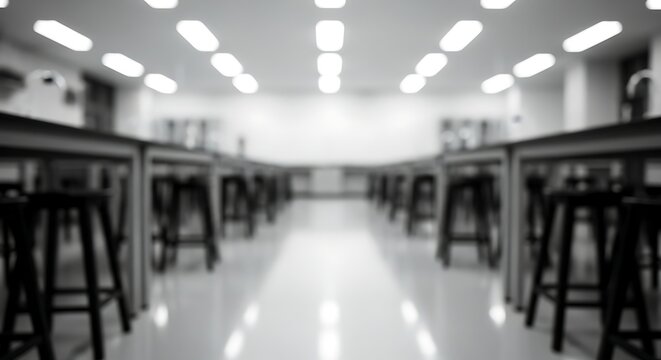 A blurred, high-angle shot of an empty science laboratory with rows of tables and stools.