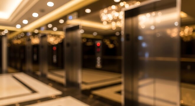A row of modern elevators in a luxurious hotel lobby with ornate lighting and marble flooring.