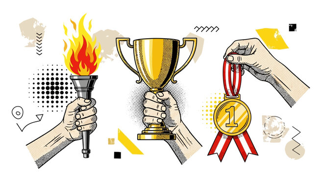 Trendy Contemporary Collage Design Elements Featuring Halftone Hands Holding Golden Trophy Cup Victory Torch With Burning Fire Flame Celebrating First Place Success and Achievement