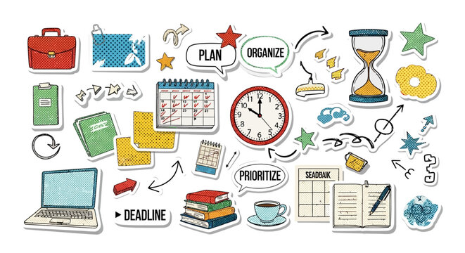Artistic collage of business time management concepts featuring halftone vintage paper cutouts with clock face elements and office worker silhouettes in a creative scrapbook design layout