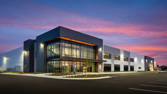 Modern industrial warehouse building exterior at dusk with modern architecture, distribution center