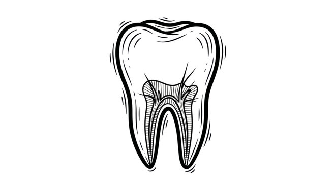 Hand-drawn illustration of a human tooth with roots and pulp, dental care concept