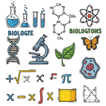 Hand-Drawn Science and Math Icons: Biology, Chemistry, Physics, Geometry, Algebra