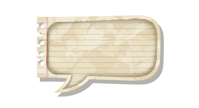 Vintage beige crumpled lined notebook paper sheet featuring a hand-cut speech bubble shape with rough edges and grunge texture isolated on a blank background for message or dialogue concept