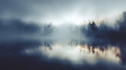 Fototapeta premium Abstract ethereal landscape with misty lake and silhouette trees.