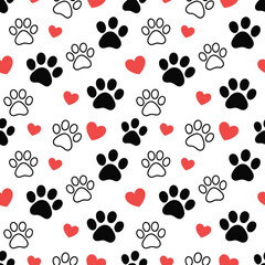 Fototapeta premium Pet footprint seamless pattern, cute vector background with dog and cat paw prints, hearts, and doodle elements for puppy Valentine textures, wrapping paper, wallpaper, pet branding, and decorative de