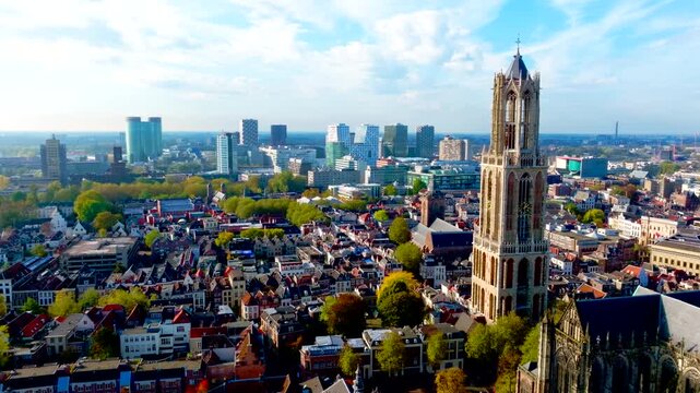 Dom Tower Utrecht aerial flyby in 4K historic city center Netherlands