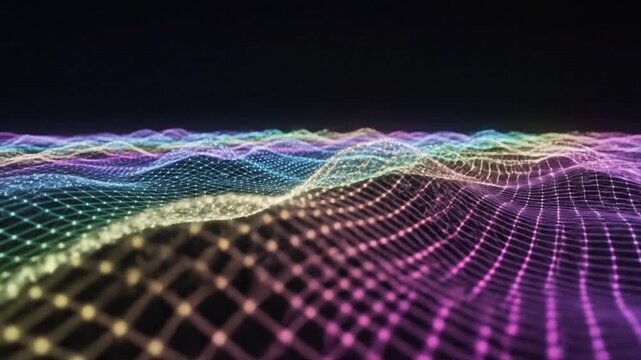 Colorful Digital Wireframe Mesh Waving Across A Dark Background With Glowing Plexus Vertices And Deep Depth Of Field