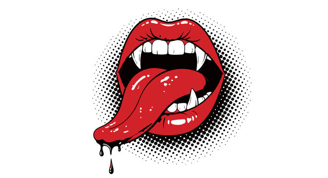 Spooky Halloween collage featuring crimson vampire lips with sharp fangs and dripping red blood in a retro halftone pop art style with a monstrous open mouth aesthetic for horror themes.