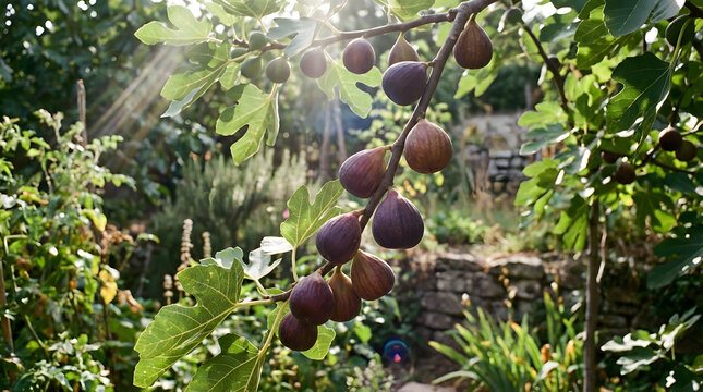 Fresh figs on a tree branch.