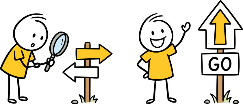 Cartoon characters exploring options and setting a clear path to progress