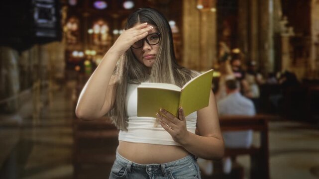 Young woman reading book, hand to forehead gesture in cathedral, wearing glasses and cropped top; quiet concentration.