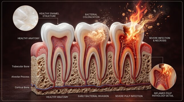 Educational cross-section diagram of tooth decay stages from healthy enamel to severe pulp infection and necrosis