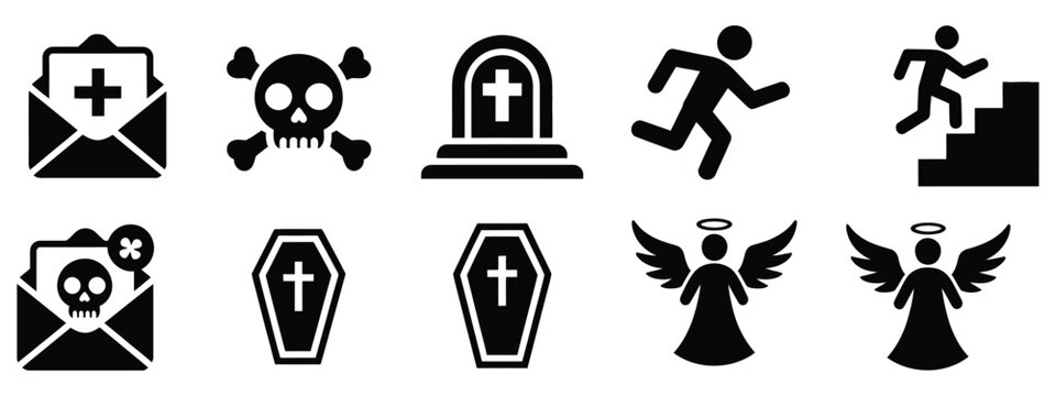 Funeral and death vector icon set with tombstones crosses urns mourning symbols candles and memorial graphics suitable for obituary design remembrance materials and tribute concept illustration.
