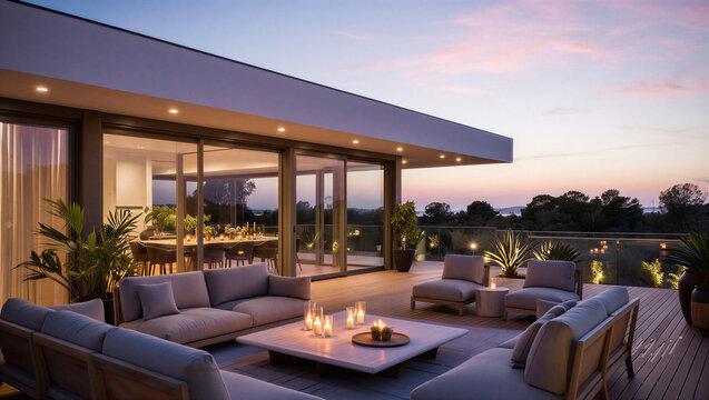 Luxury outdoor patio lounge with fire pit and comfortable sofas at sunset furniture exterior