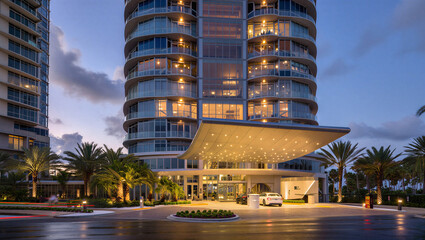 Residential high rise entrance and landscaped driveway at dusk with building residential entrance © Sabbir Digital