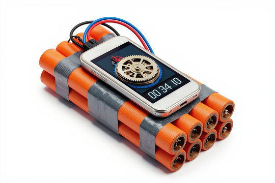 Explosive device built from orange sticks, gray tape, and smartphone timer. Wires and clockwork visible on phone screen. Improvised explosive threat.