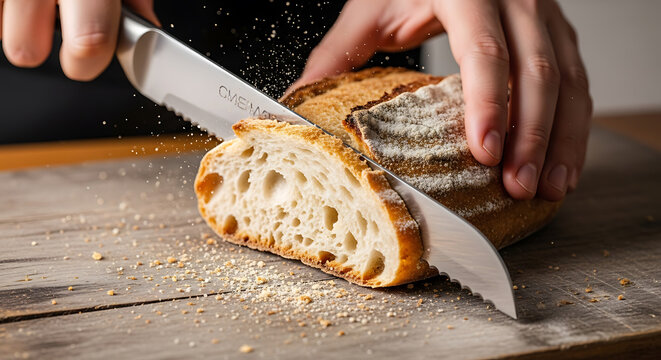 A person cuts a loaf of bread on a wooden table with a knife.