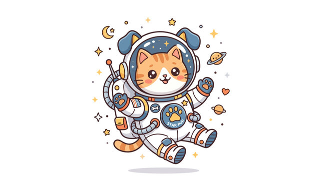Cartoon cat in space suit flying.