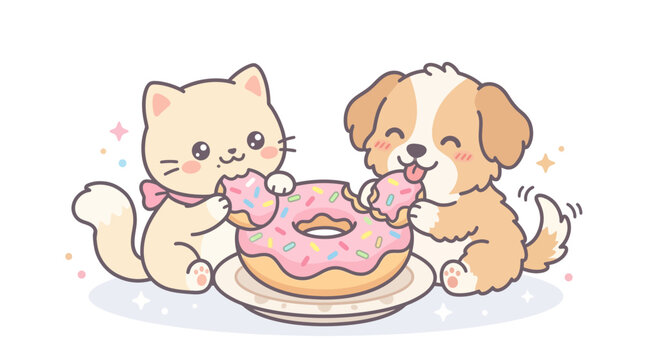 Cute Cat and Dog Eating Donut.