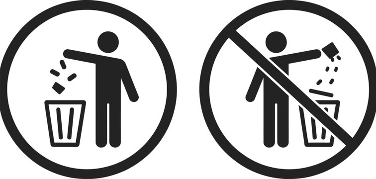 Printable litter bin and no littering icons vector illustration waste disposal sign