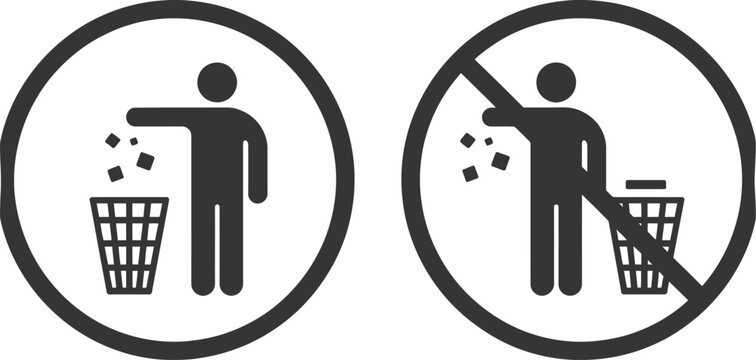 Printable litter bin and no littering icons vector illustration waste disposal sign