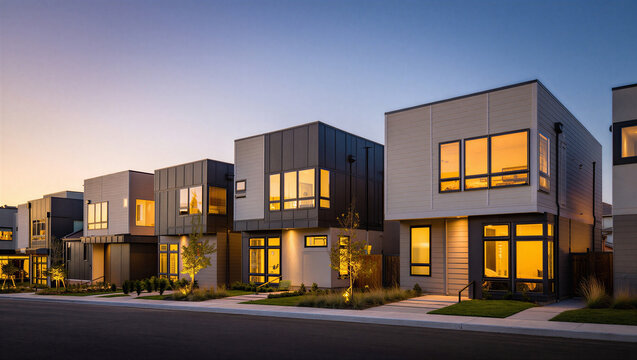 Modern boxy architectural homes in residential neighborhood with real estate architecture building