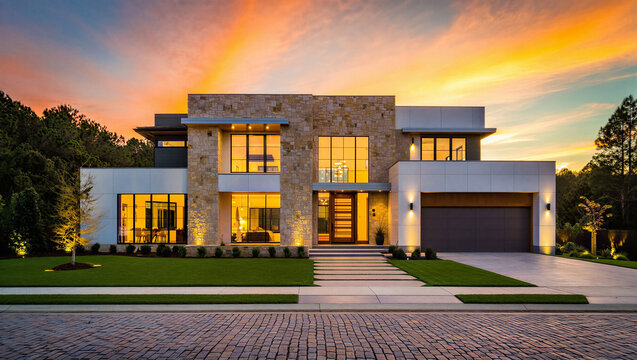 Modern luxury home exterior against a sunset sky with real estate exterior architecture residence