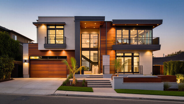 Contemporary custom home facade at dusk with warm exterior lighting real estate exterior twilight