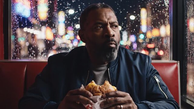 Thoughtful man eating a sandwich in a diner at night with city lights in the background, contemplating life