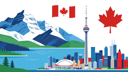 Naklejka premium An illustration depicting iconic Canadian landmarks and nature, featuring the Toronto skyline with the CN Tower, a vast lake, majestic mountains, and the Canadian flag and maple leaf.