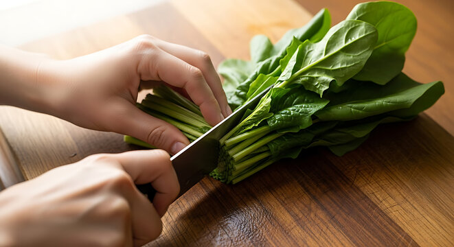 A person cuts a bunch of fresh spinach leaves on a wooden cutting board.