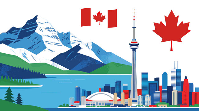 An illustration depicting iconic Canadian landmarks and nature, featuring the Toronto skyline with the CN Tower, a vast lake, majestic mountains, and the Canadian flag and maple leaf.