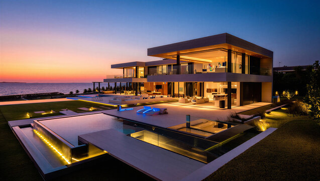 Modern luxury mansion on the oceanfront with glowing pool and terrace at sunset, real estate