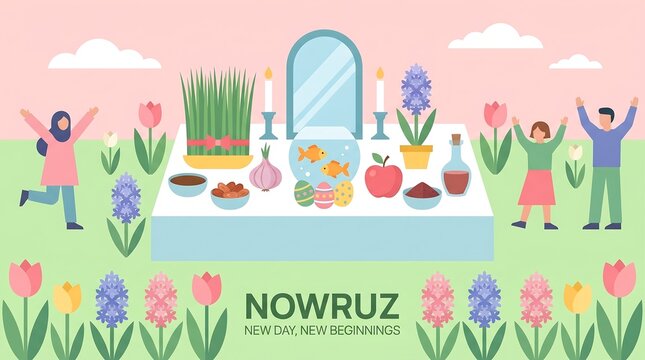 Nowruz Celebration Haft-Seen Table with People and Flowers.