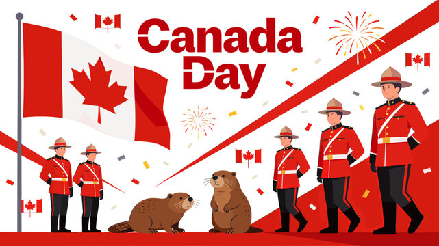 A vibrant illustration celebrating Canada Day with Mounties, beavers, and the Canadian flag.