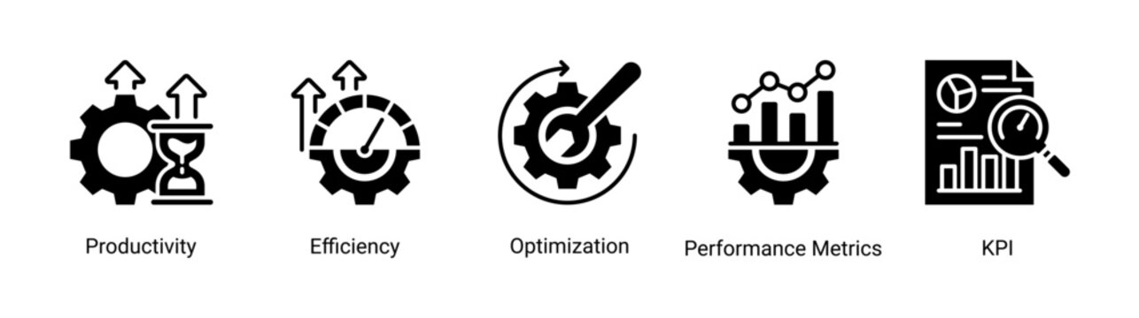 Productivity boost icon set featuring efficiency,optimization,kpi,and performance metrics concepts for business growth and operational improvement
