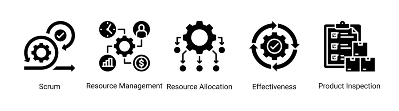 Agile resource icon set featuring scrum,resource allocation,and inspection concepts for efficient workflow and project management
