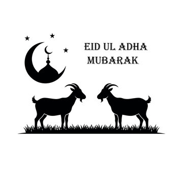 Vector Illustration of Two Goats with Crescent Moon and Mosque Finial.eps