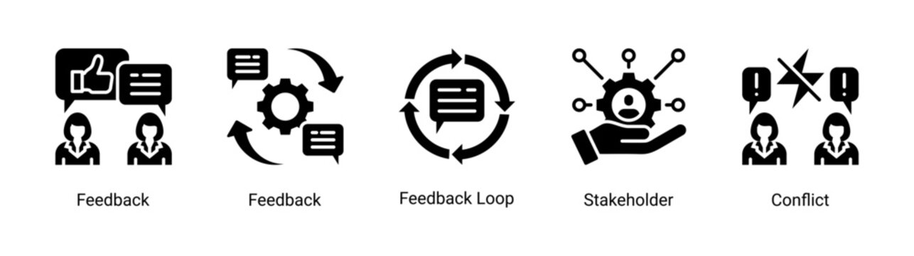 Feedback system icon set featuring stakeholder,conflict,and feedback loop concepts for communication and business improvement