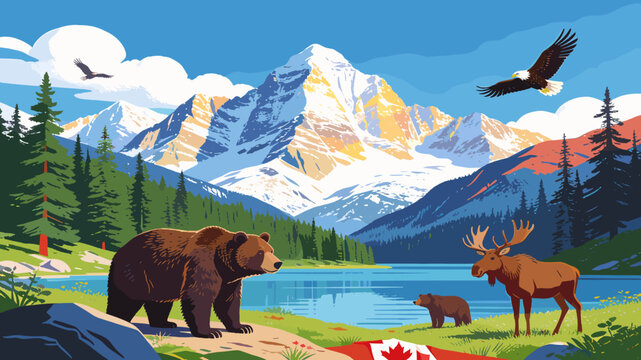 Majestic Canadian Rocky Mountain landscape featuring a grizzly bear, moose, and cubs by a serene lake with soaring eagles overhead.