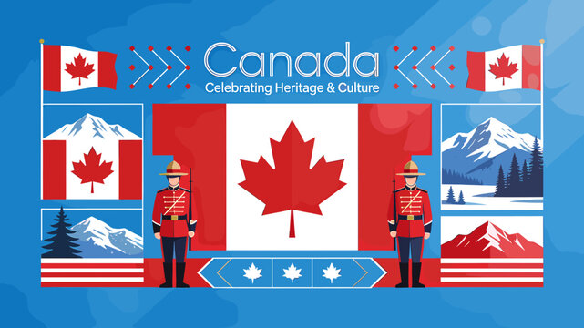 A vibrant illustration celebrating Canadian heritage and culture, featuring the national flag, RCMP officers, and iconic mountain landscapes.